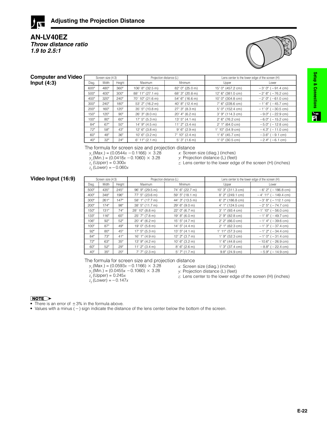 Sharp XG-V10XU Adjusting the Projection Distance, Throw distance ratio 1.9 to, Computer and Video, Video Input 