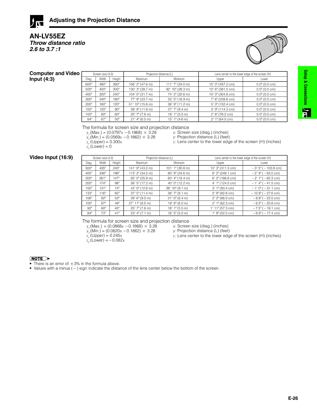 Sharp XG-V10XU operation manual AN-LV55EZ, Throw distance ratio 2.6 to 3.7 