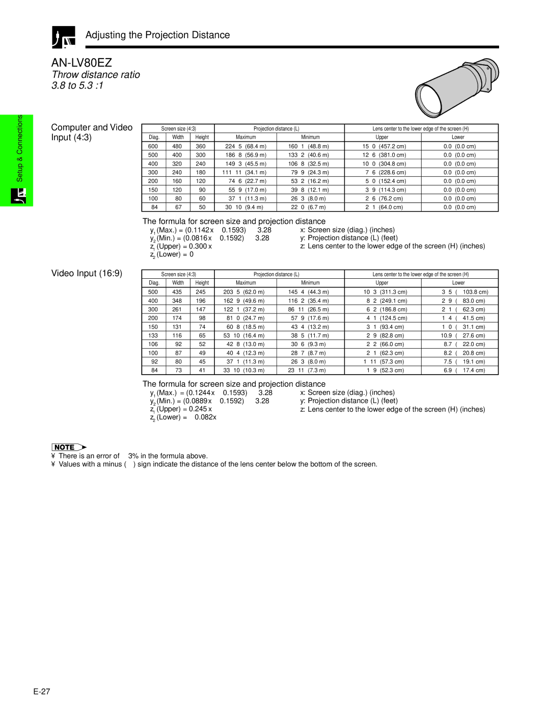 Sharp XG-V10XU operation manual AN-LV80EZ, Throw distance ratio 3.8 to 5.3 