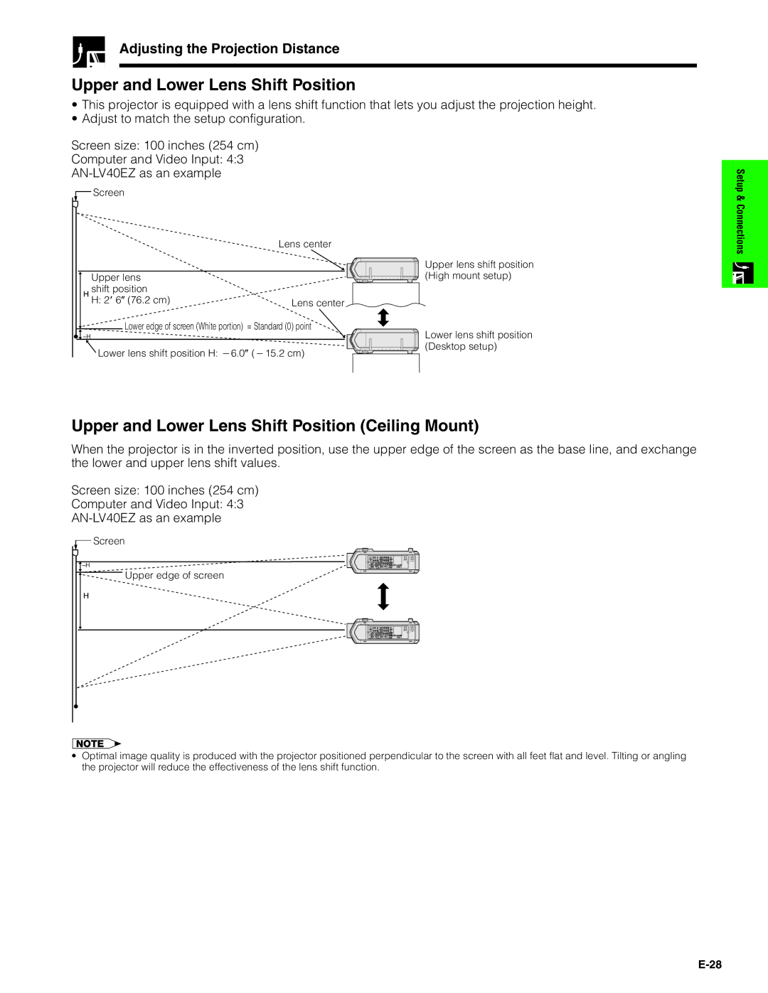 Sharp XG-V10XU operation manual Upper and Lower Lens Shift Position Ceiling Mount 