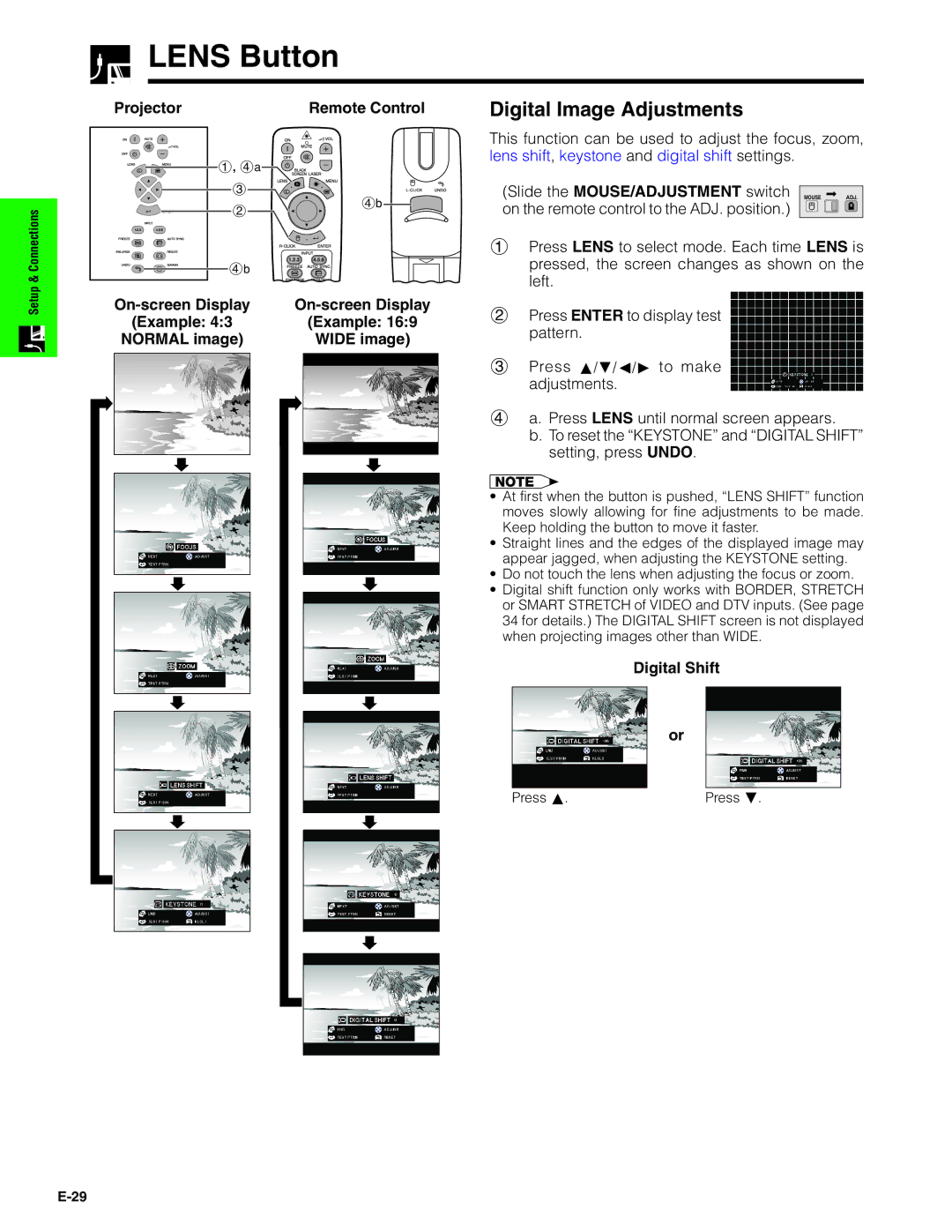 Sharp XG-V10XU operation manual Lens Button, Digital Image Adjustments, Digital Shift 