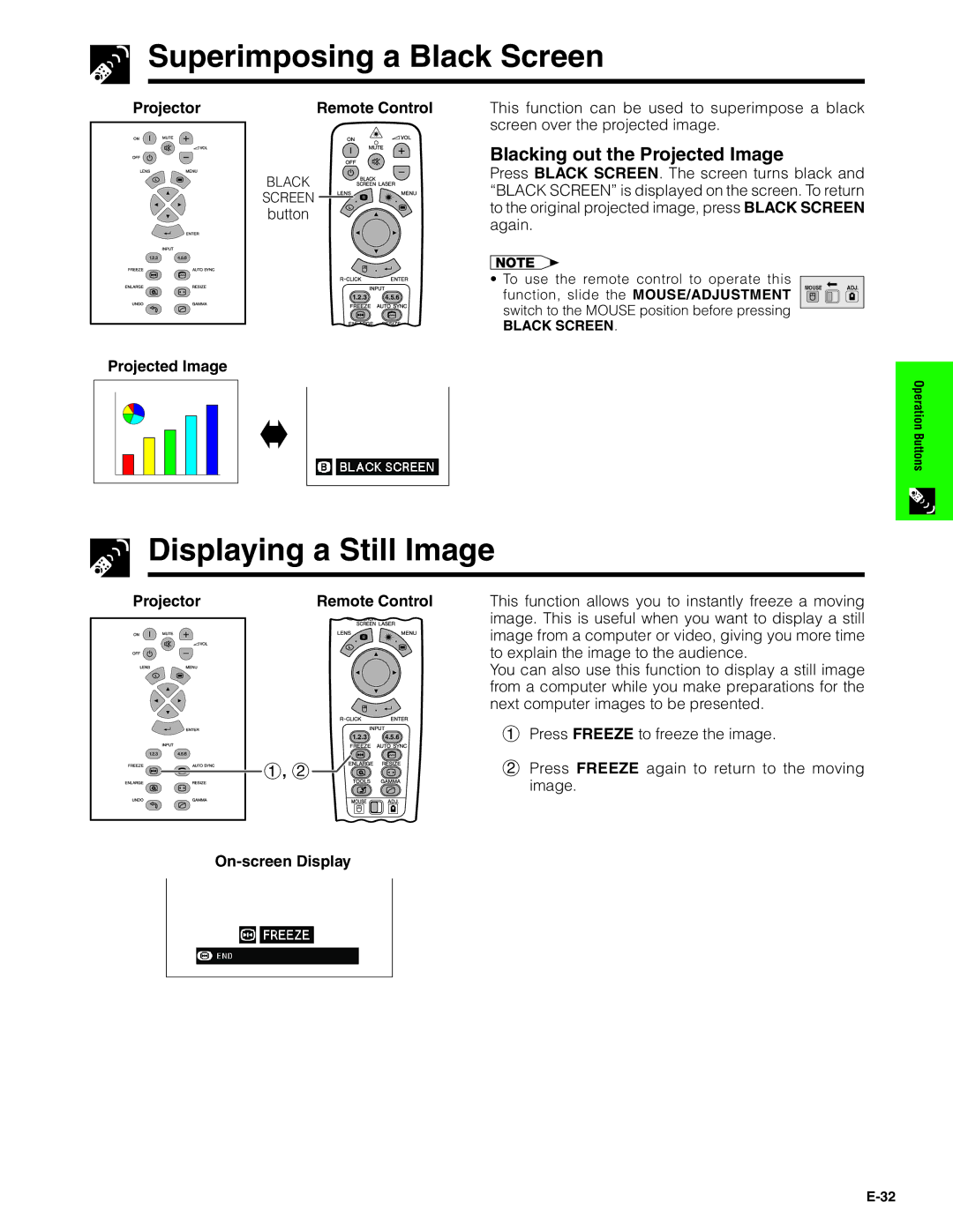 Sharp XG-V10XU operation manual Superimposing a Black Screen, Displaying a Still Image, Projected Image 