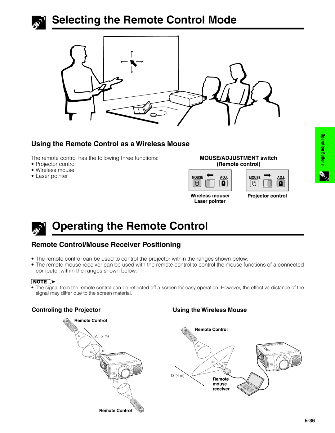 Sharp XG-V10XU Selecting the Remote Control Mode, Operating the Remote Control, Remote Control/Mouse Receiver Positioning 