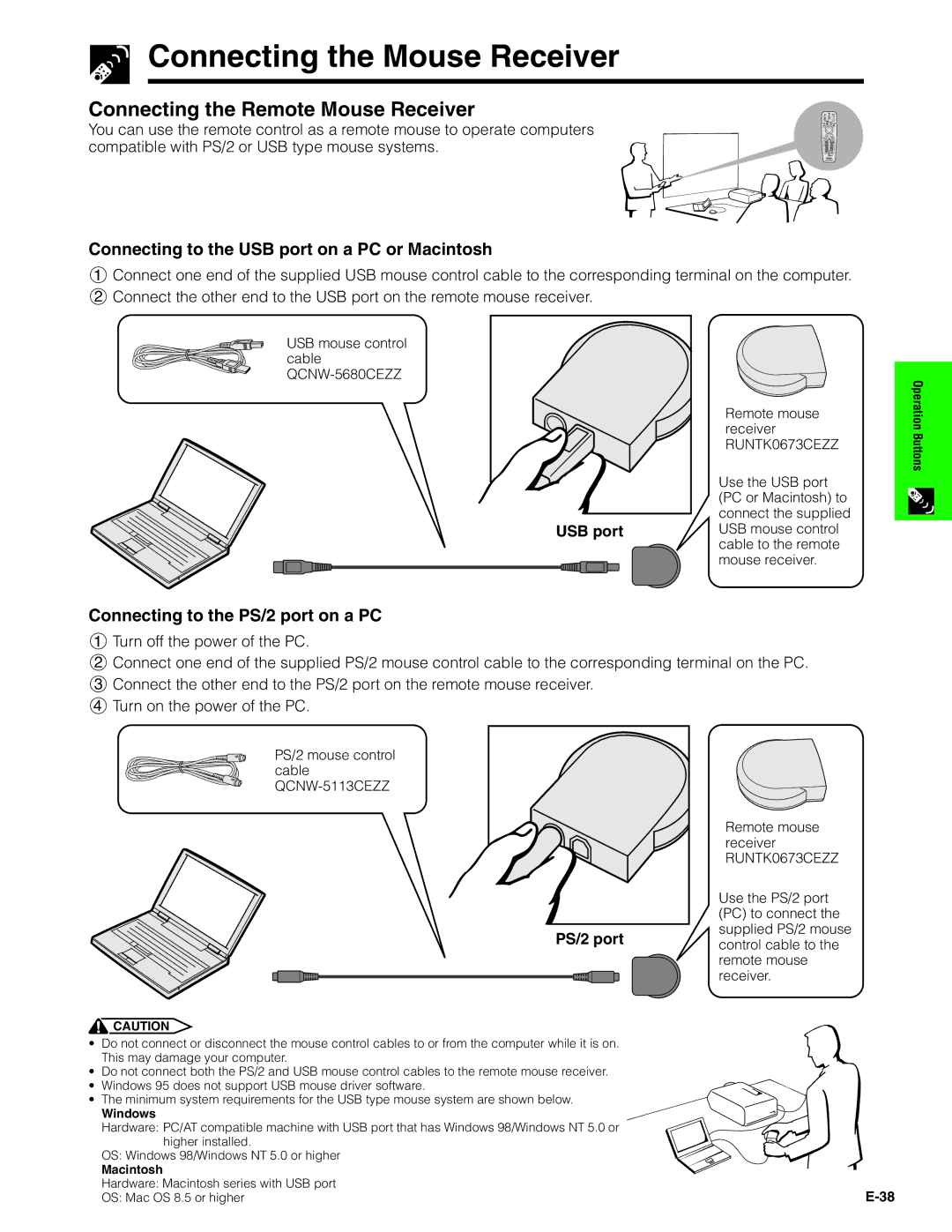 Sharp XG-V10XU Connecting the Mouse Receiver, Connecting the Remote Mouse Receiver, Connecting to the PS/2 port on a PC 