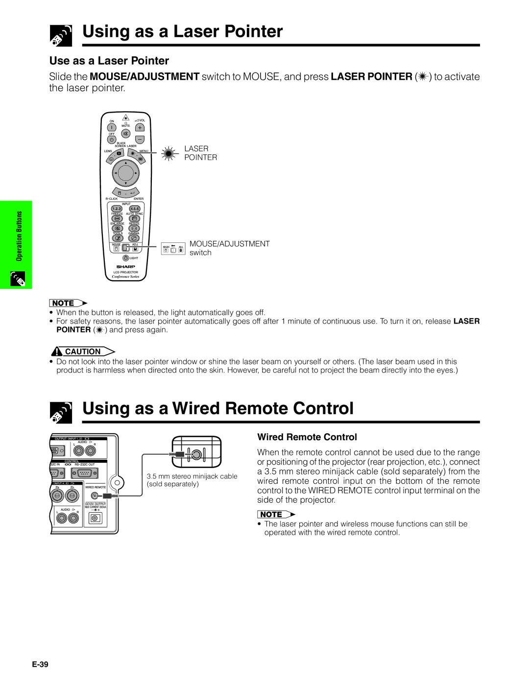 Sharp XG-V10XU operation manual Using as a Laser Pointer, Using as a Wired Remote Control, Use as a Laser Pointer 