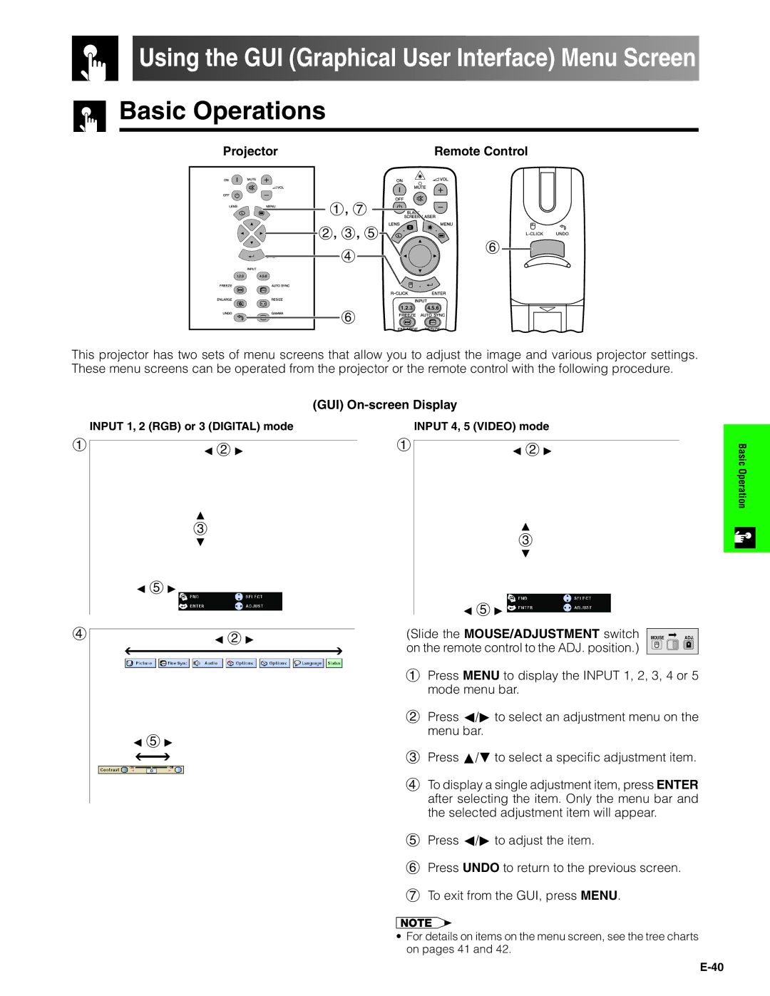 Sharp XG-V10XU operation manual Using the GUI Graphical User Interface Menu Screen, Basic Operations, GUI On-screen Display 