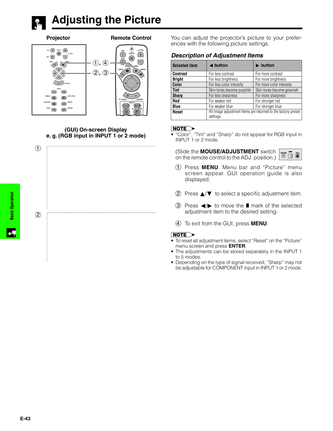 Sharp XG-V10XU operation manual Adjusting the Picture, Description of Adjustment Items 