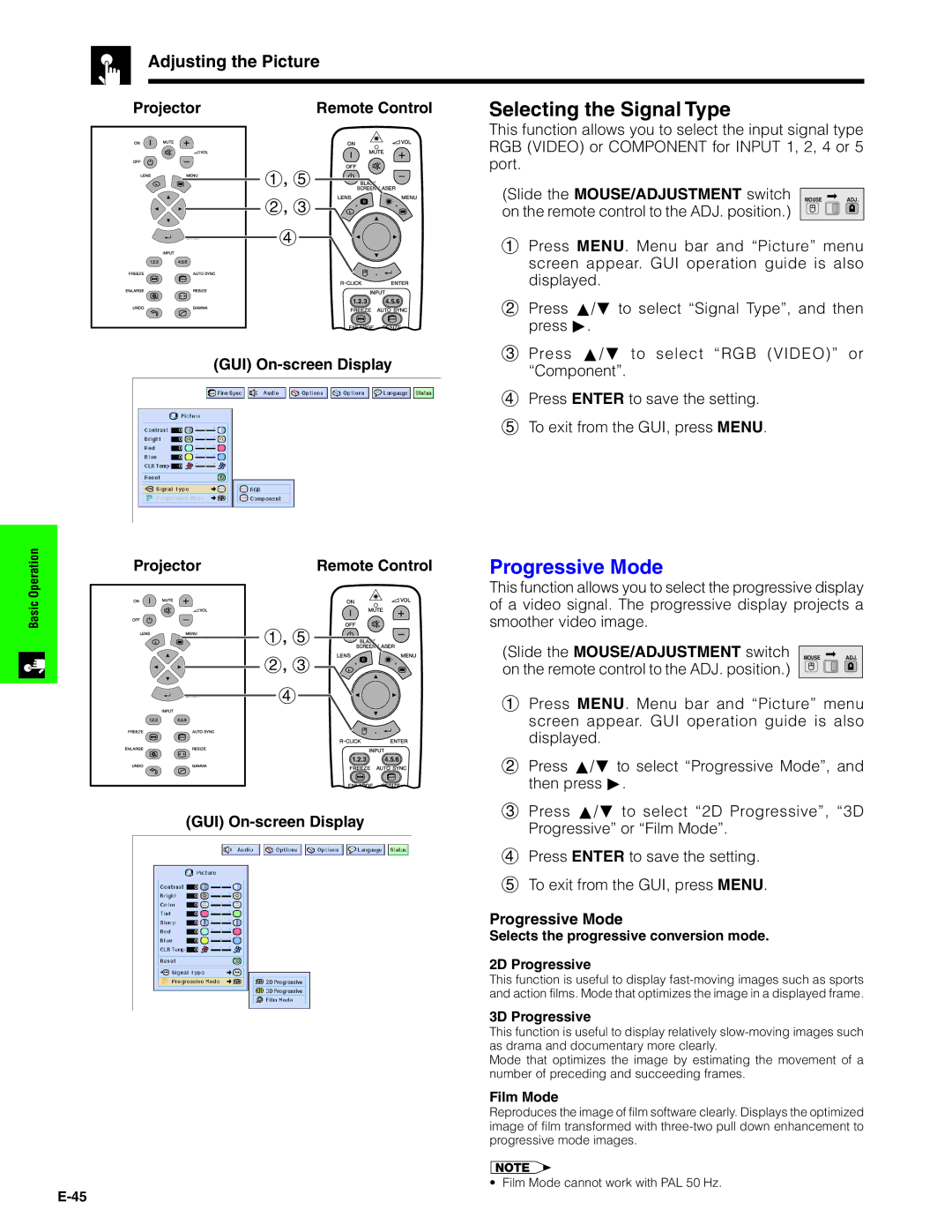 Sharp XG-V10XU operation manual Selecting the Signal Type, GUI On-screen Display Projector Remote Control, Progressive Mode 