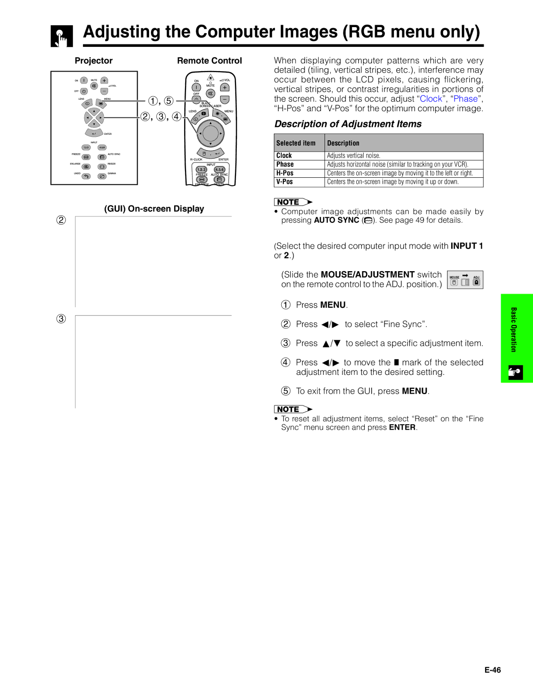 Sharp XG-V10XU operation manual Adjusting the Computer Images RGB menu only, Description of Adjustment Items 