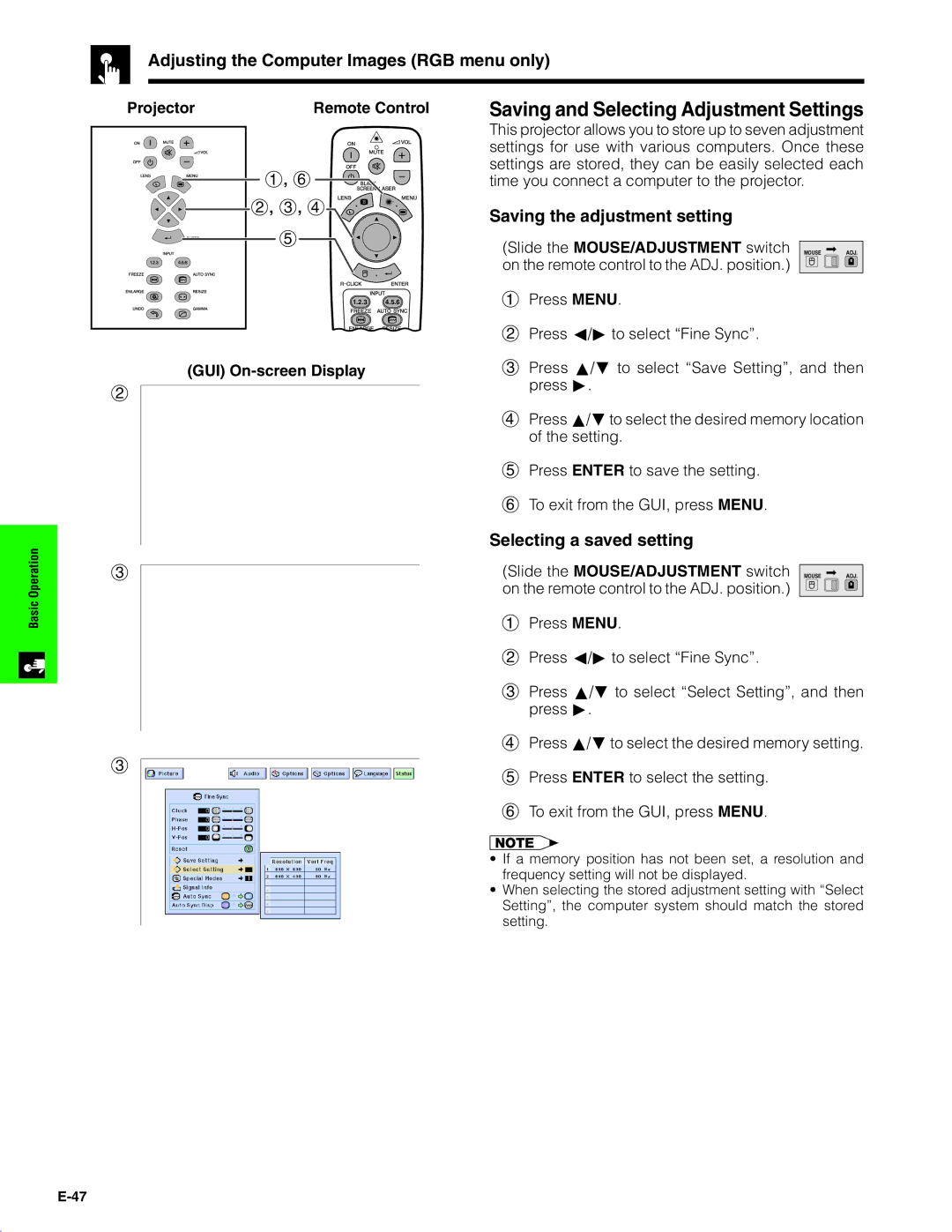 Sharp XG-V10XU operation manual Saving and Selecting Adjustment Settings, Adjusting the Computer Images RGB menu only 