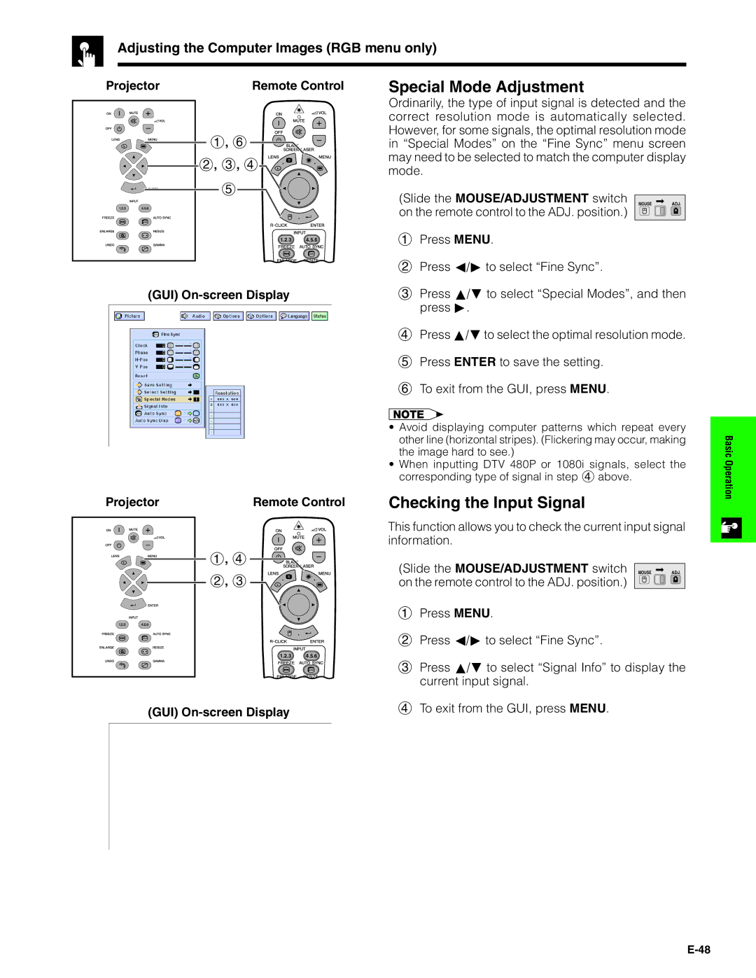 Sharp XG-V10XU operation manual Special Mode Adjustment, Checking the Input Signal 