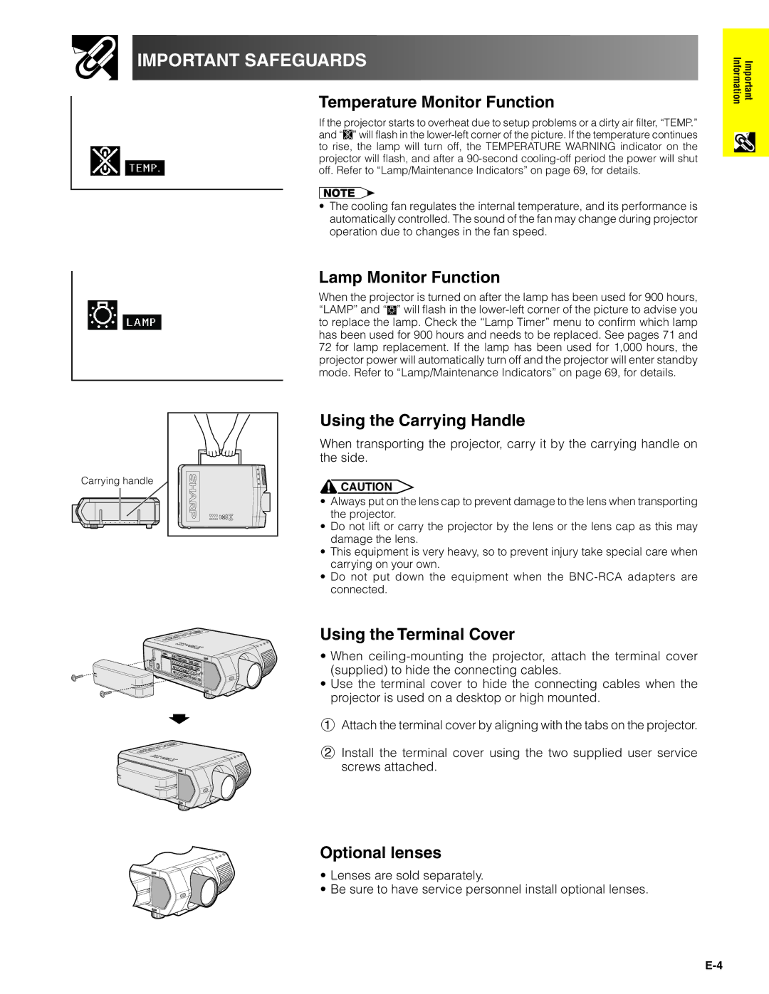 Sharp XG-V10XU Temperature Monitor Function, Lamp Monitor Function, Using the Carrying Handle, Using the Terminal Cover 