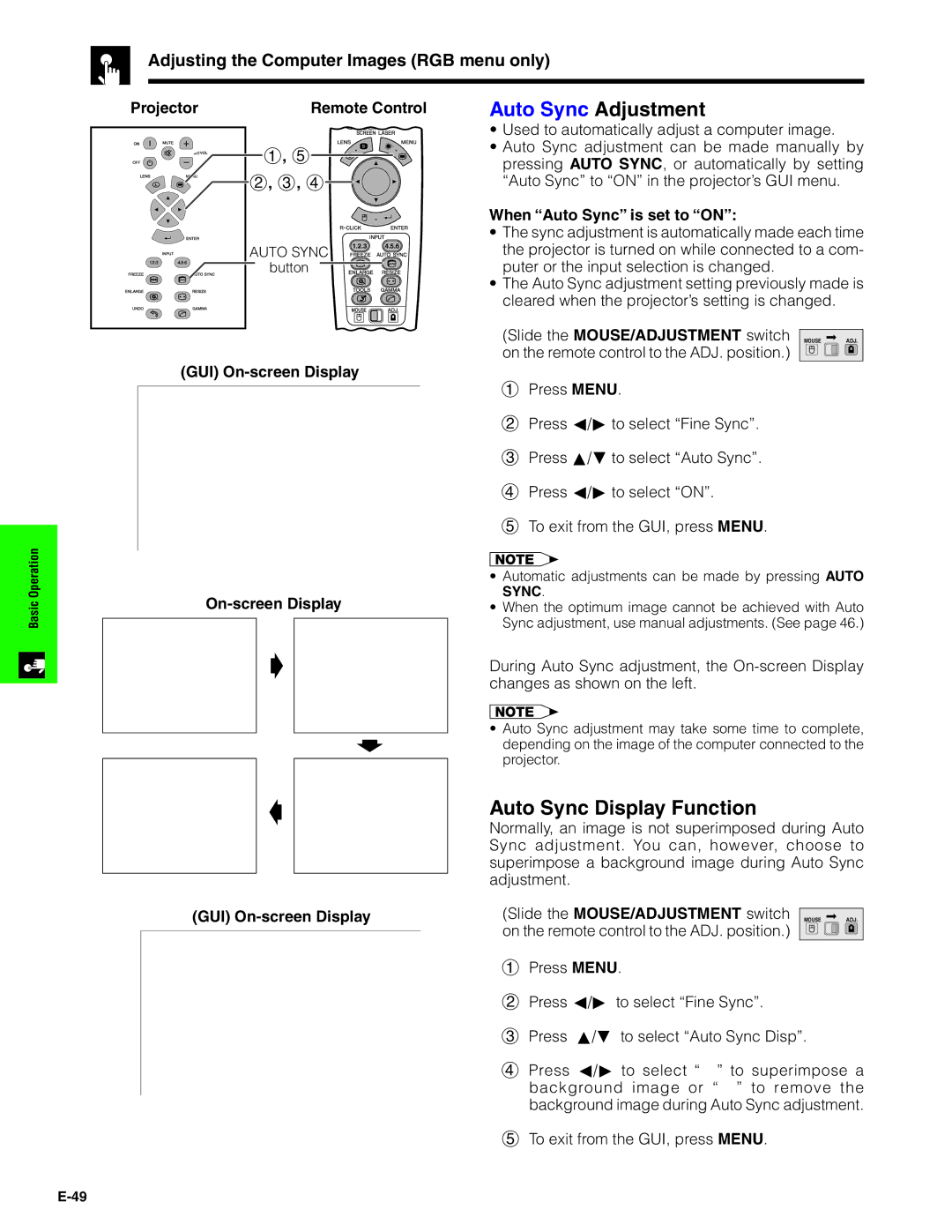 Sharp XG-V10XU Auto Sync Display Function, When Auto Sync is set to on, On-screen Display GUI On-screen Display 