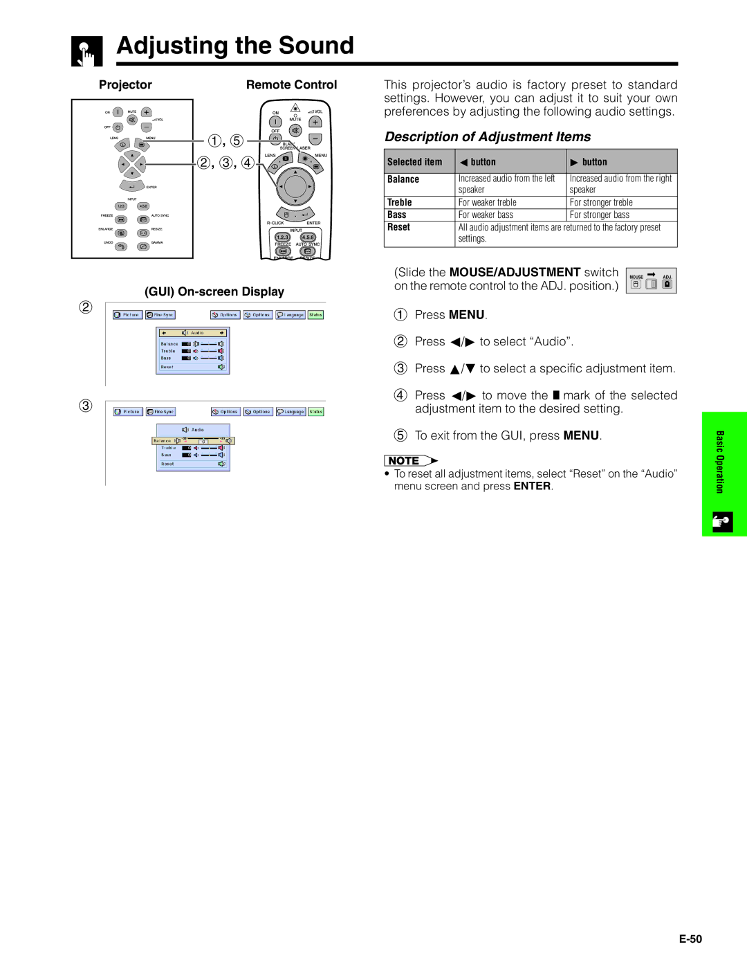 Sharp XG-V10XU operation manual Adjusting the Sound, Description of Adjustment Items 