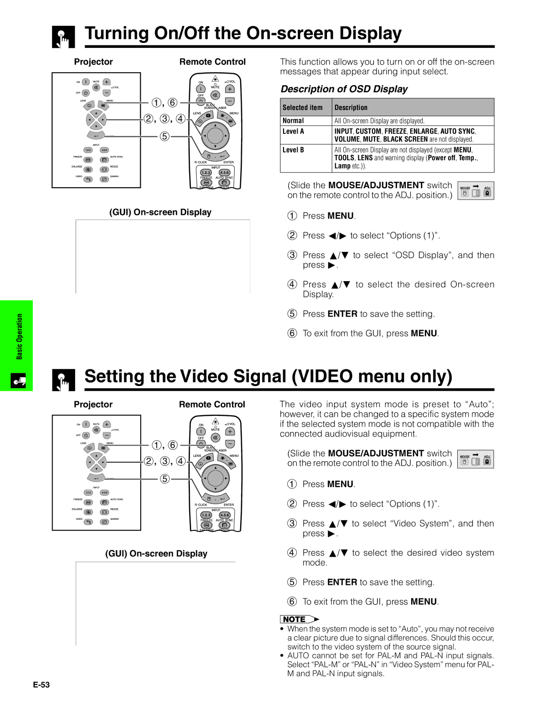 Sharp XG-V10XU Turning On/Off the On-screen Display, Setting the Video Signal Video menu only, Description of OSD Display 