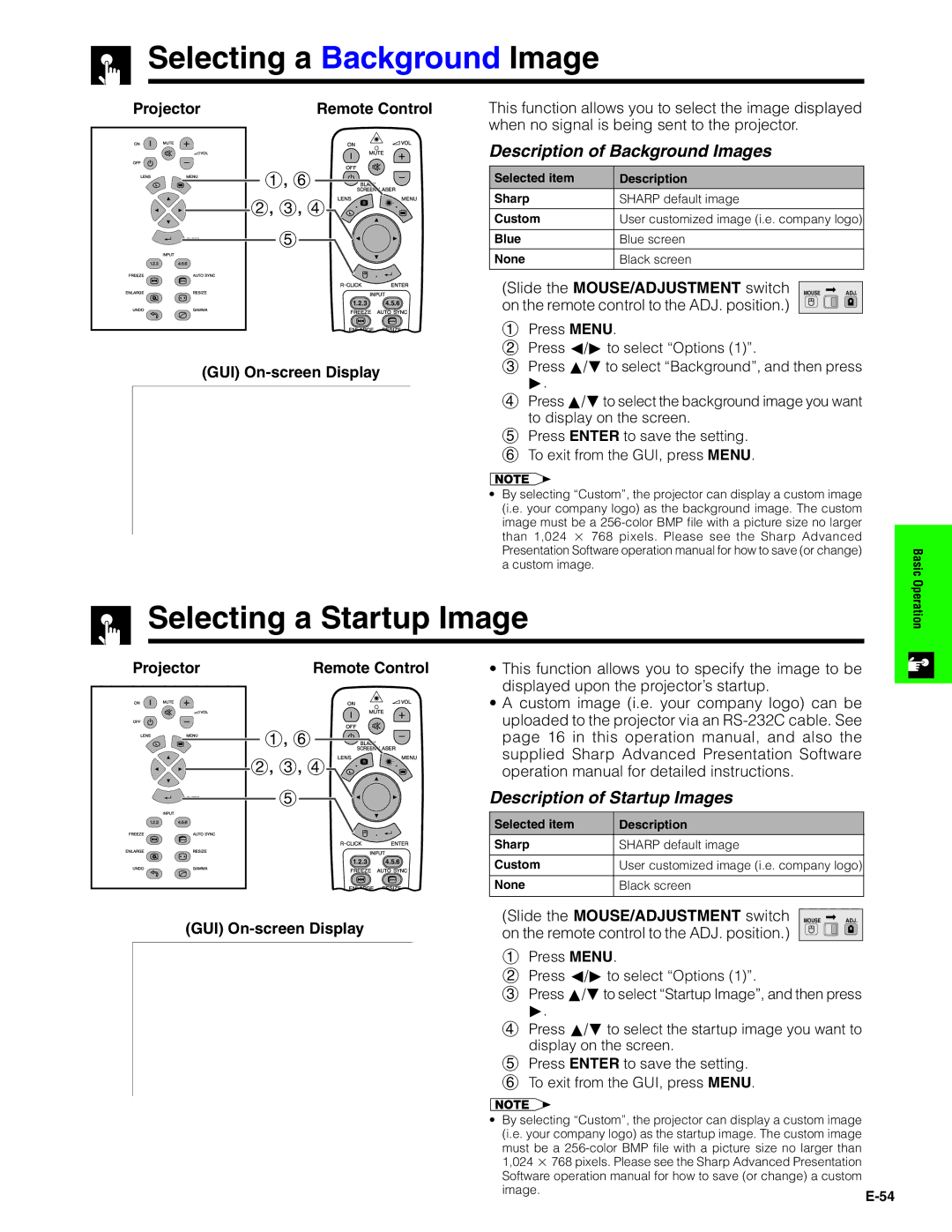 Sharp XG-V10XU operation manual Selecting a Background Image, Selecting a Startup Image, Description of Background Images 