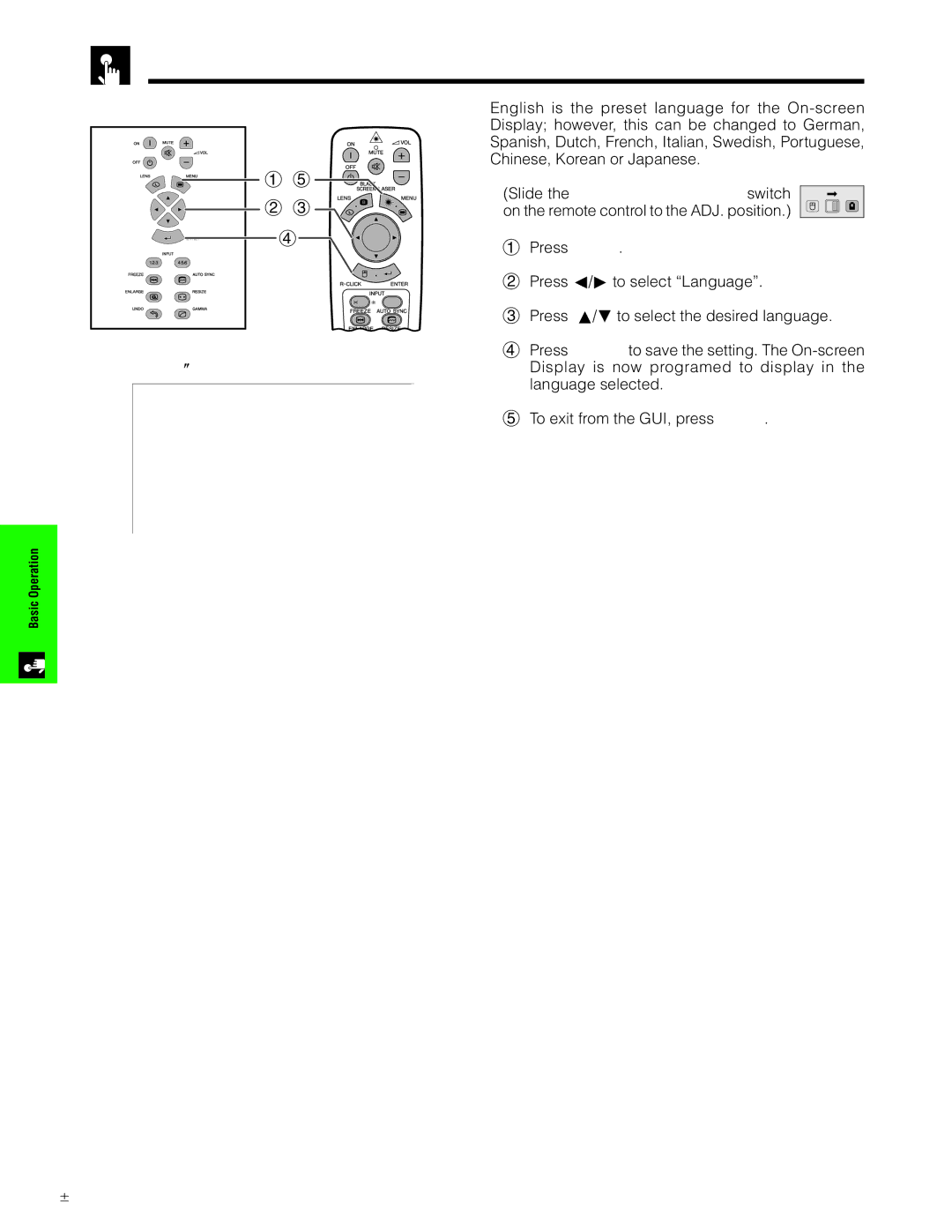 Sharp XG-V10XU operation manual Selecting the On-screen Display Language, Projector Remote Control GUI On-screen Display 