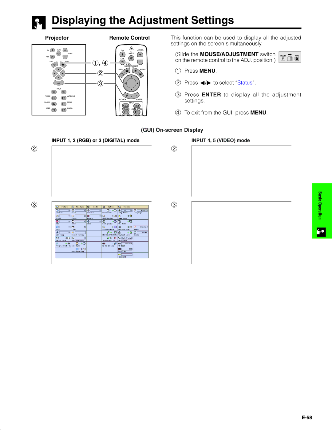 Sharp XG-V10XU operation manual Displaying the Adjustment Settings, To exit from the GUI, press Menu 