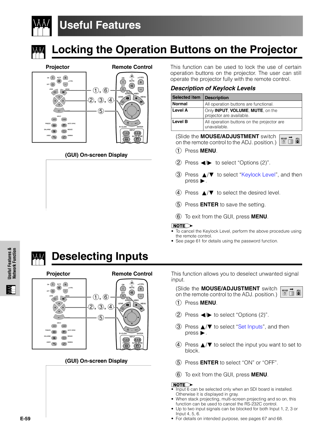 Sharp XG-V10XU operation manual Useful Features, Locking the Operation Buttons on the Projector, Deselecting Inputs 