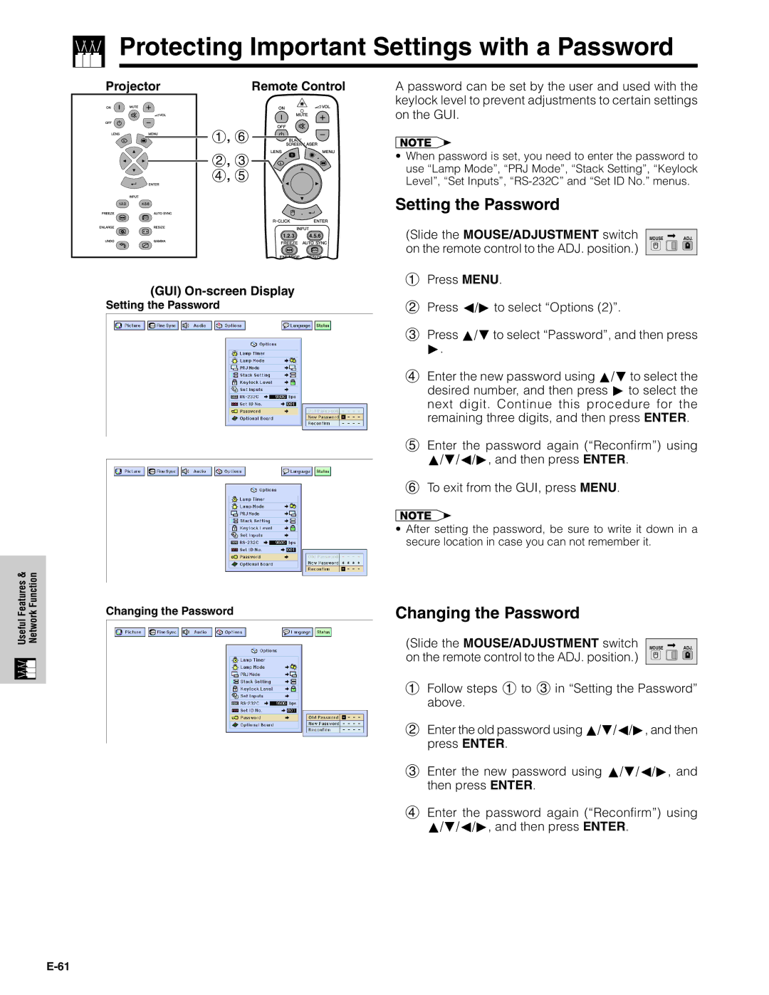 Sharp XG-V10XU operation manual Protecting Important Settings with a Password, Setting the Password, Changing the Password 