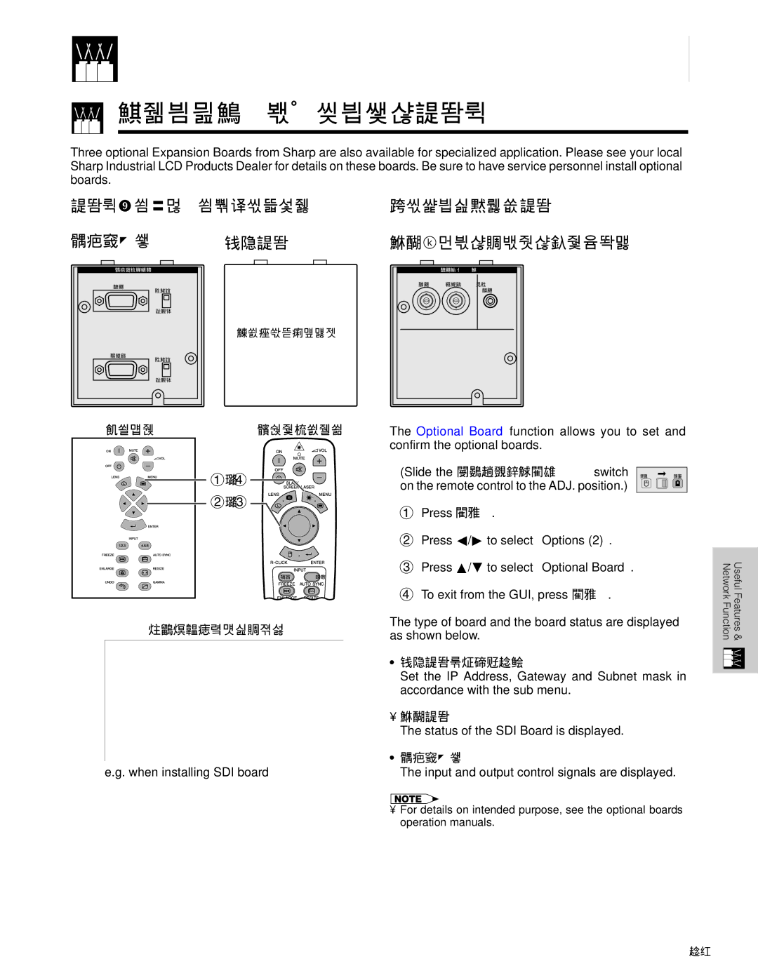 Sharp XG-V10XU Network Function, Setting Up the Optional Boards, LAN Board 10BASE-T, SDI Board, RS-422 Board 