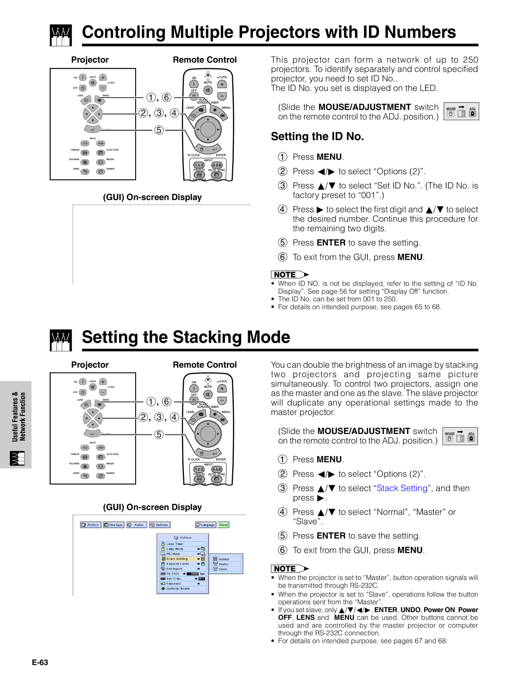 Sharp XG-V10XU Controling Multiple Projectors with ID Numbers, Setting the Stacking Mode, Setting the ID No 