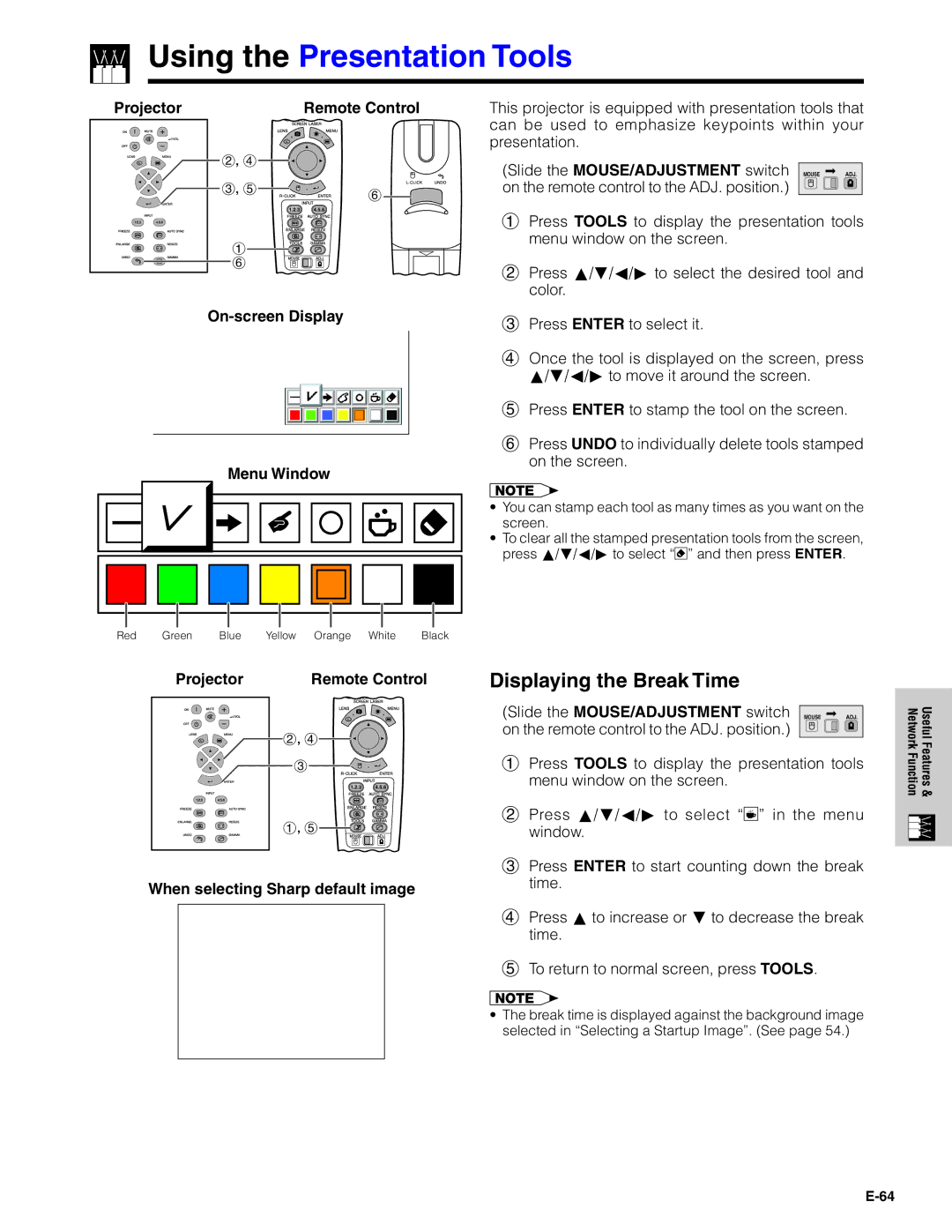 Sharp XG-V10XU operation manual Displaying the Break Time, Projector Remote Control On-screen Display Menu Window 