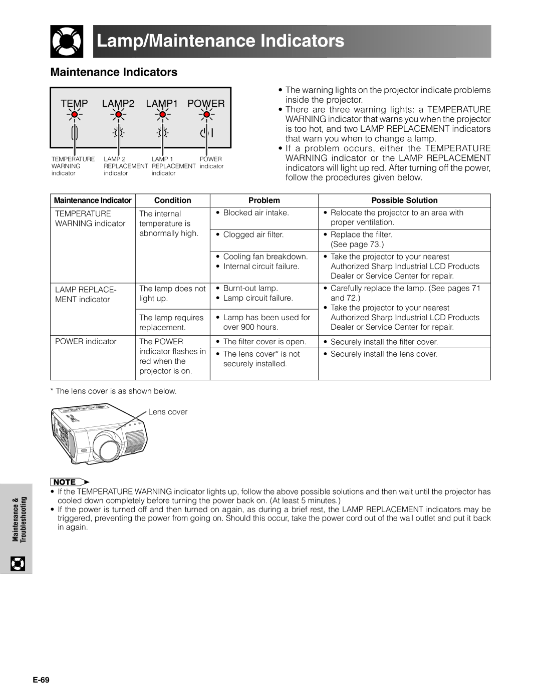 Sharp XG-V10XU operation manual Lamp/Maintenance Indicators, Maintenance Indicator Condition Problem Possible Solution 