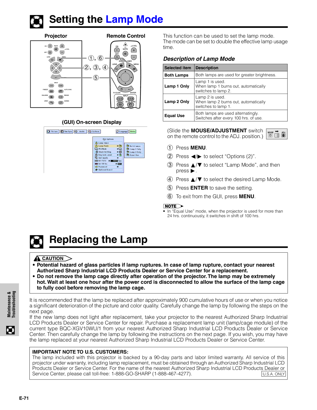 Sharp XG-V10XU operation manual Setting the Lamp Mode, Replacing the Lamp, Description of Lamp Mode, Time 