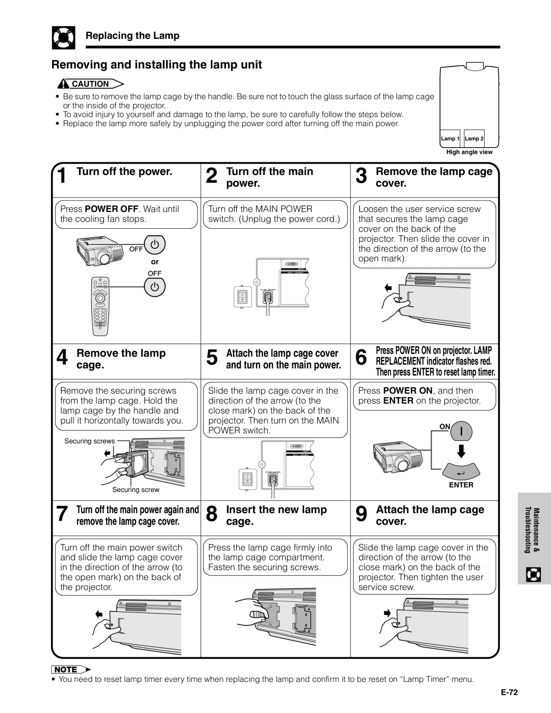 Sharp XG-V10XU operation manual Removing and installing the lamp unit, Replacing the Lamp, Attach the lamp cage cover 