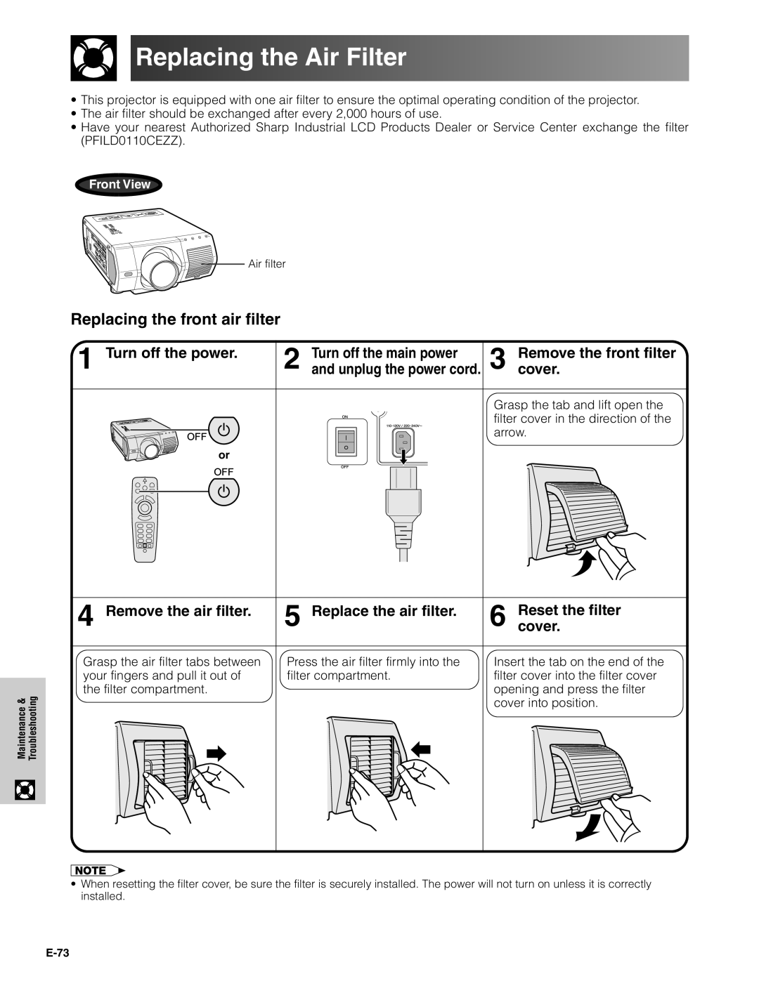 Sharp XG-V10XU operation manual Replacing the Air Filter, Replacing the front air filter, Unplug the power cord 