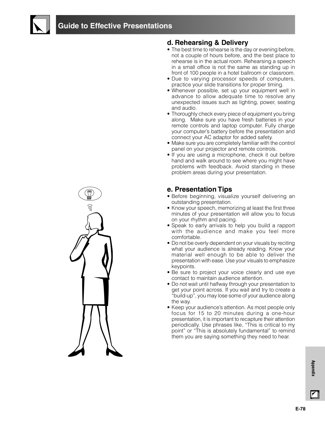 Sharp XG-V10XU operation manual Rehearsing & Delivery, Presentation Tips 