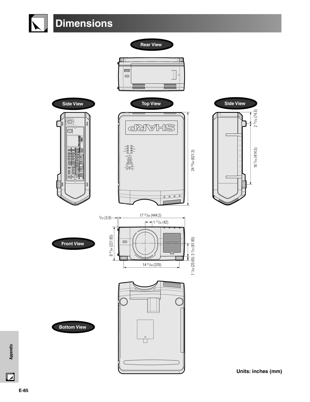 Sharp XG-V10XU operation manual Dimensions, Units inches mm 