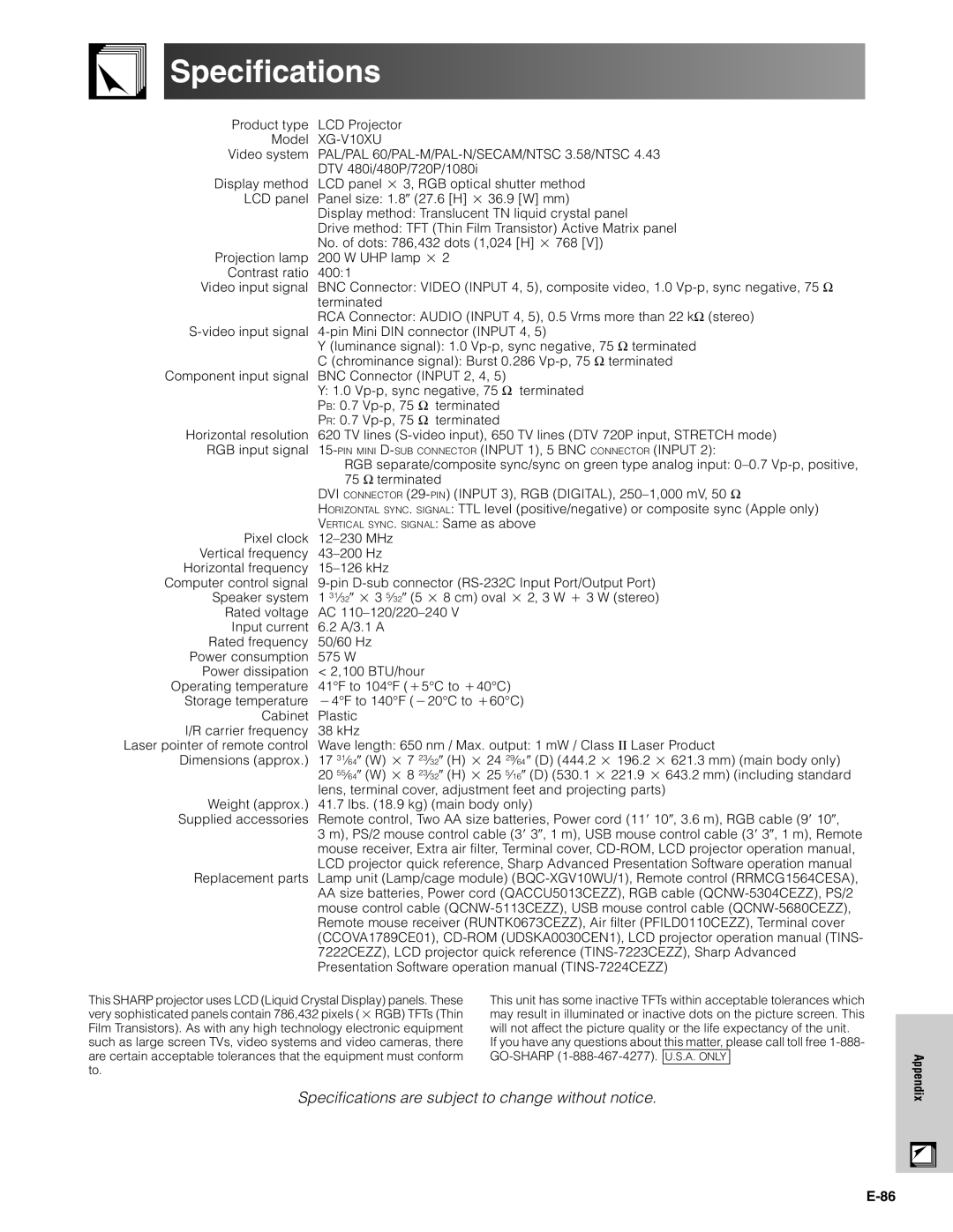 Sharp XG-V10XU operation manual Specifications, PAL/PAL 60/PAL-M/PAL-N/SECAM/NTSC 3.58/NTSC 