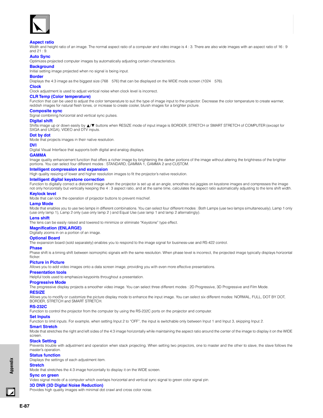 Sharp XG-V10XU operation manual Glossary, Aspect ratio 