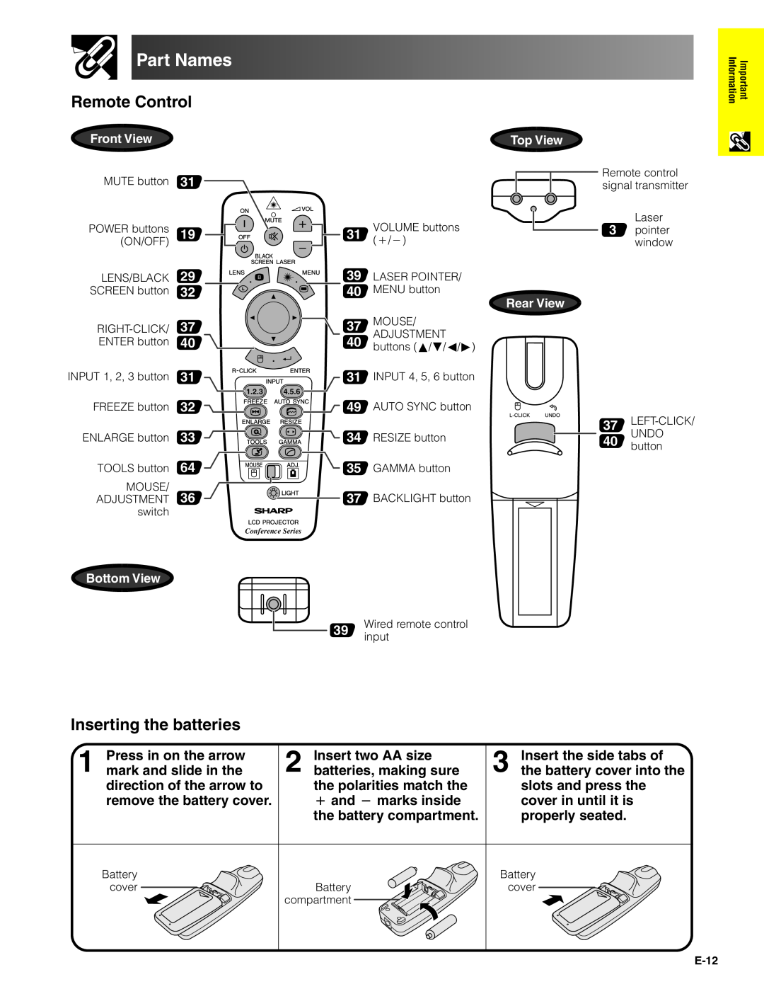 Sharp XG-V10XU Remote Control, Inserting the batteries, Part Names, Press in on the arrow, Insert two AA size 