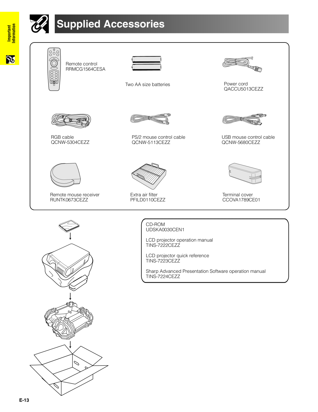 Sharp XG-V10XU operation manual Supplied Accessories, E-13 