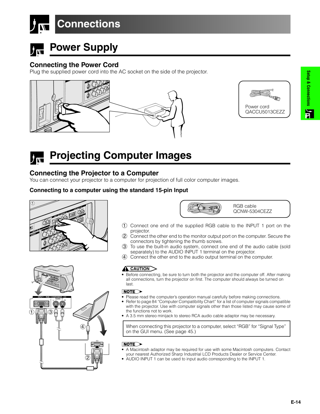 Sharp XG-V10XU operation manual Connections, Power Supply, Projecting Computer Images, Connecting the Power Cord 