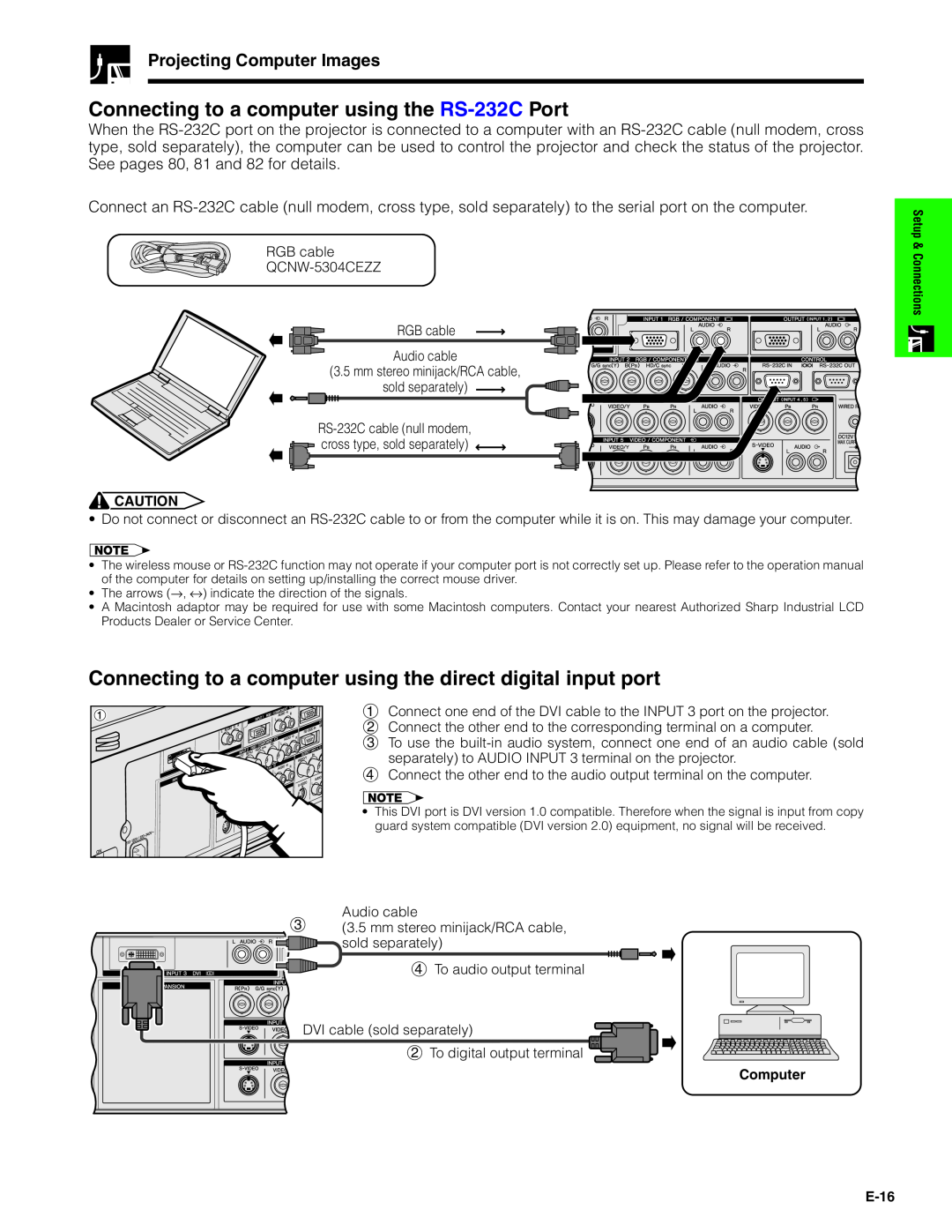 Sharp XG-V10XU operation manual Connecting to a computer using the RS-232C Port, Projecting Computer Images, E-16 