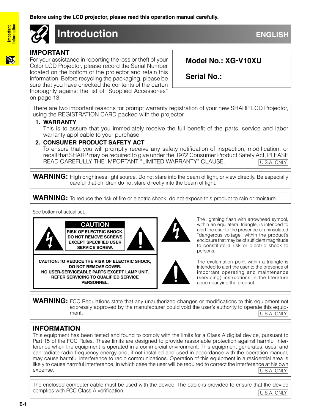 Sharp Introduction, English, Model No. XG-V10XU Serial No, Information, Warranty, Consumer Product Safety Act 