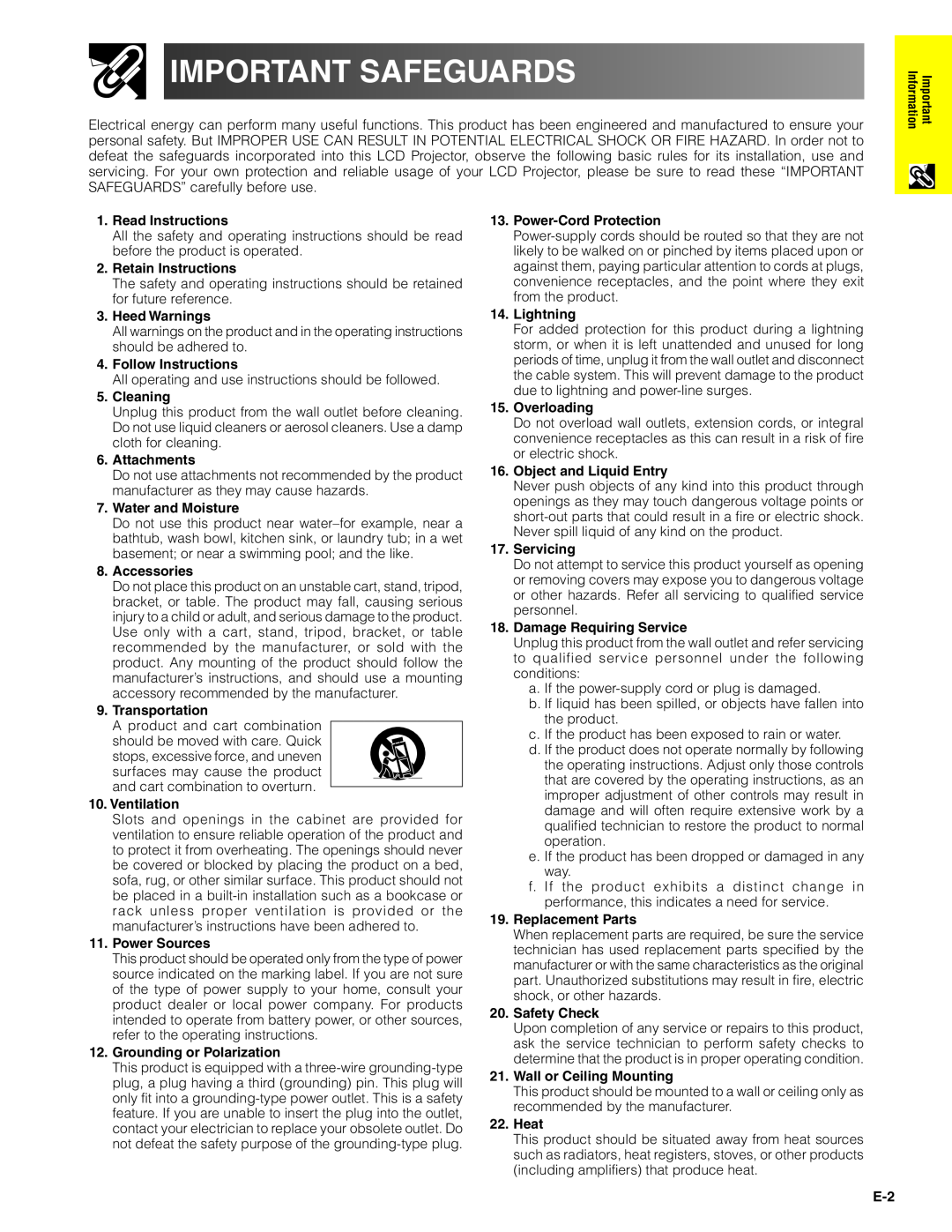 Sharp XG-V10XU operation manual Important Safeguards 