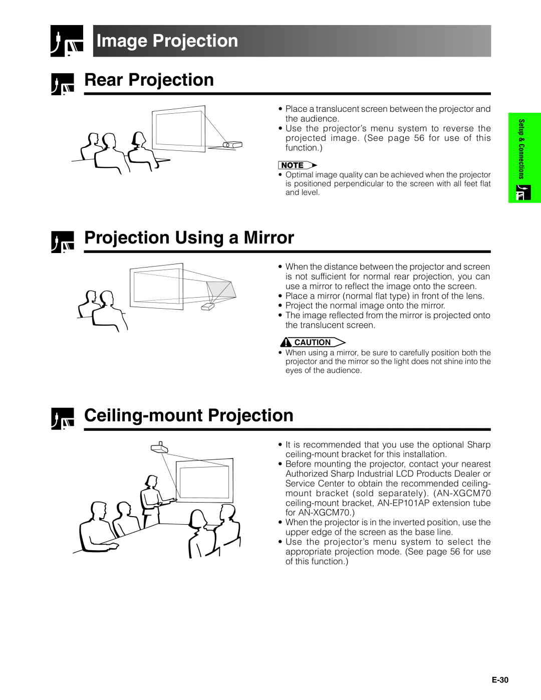Sharp XG-V10XU operation manual Image Projection, Rear Projection, Projection Using a Mirror, Ceiling-mount Projection 