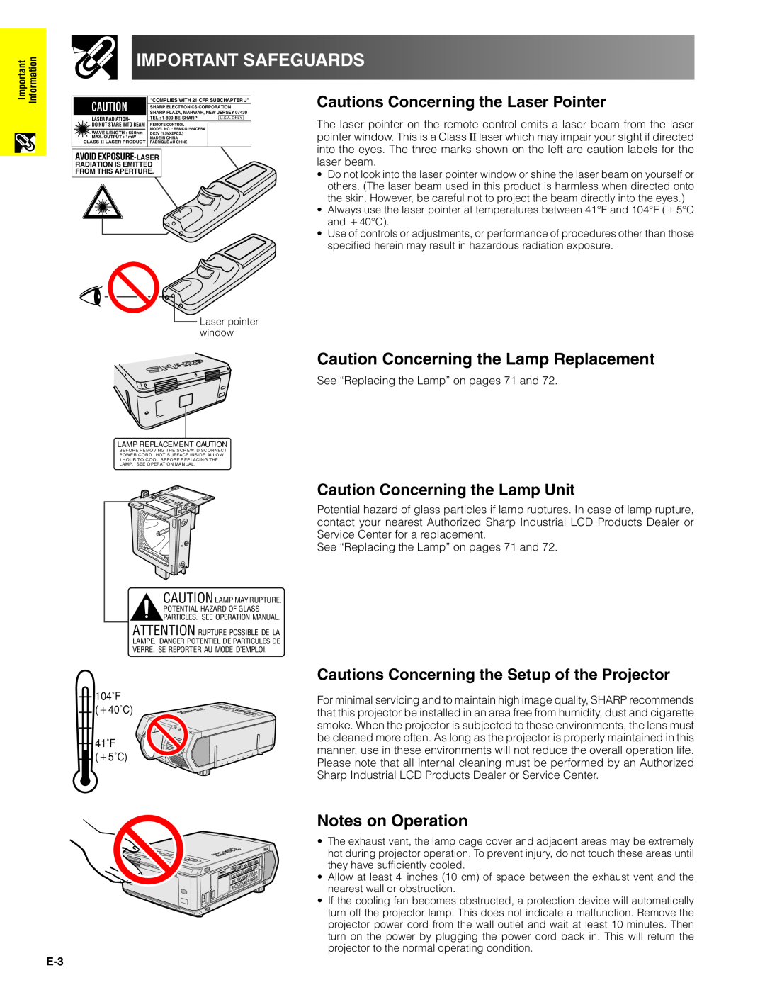 Sharp XG-V10XU Important Safeguards, Cautions Concerning the Laser Pointer, Caution Concerning the Lamp Replacement 