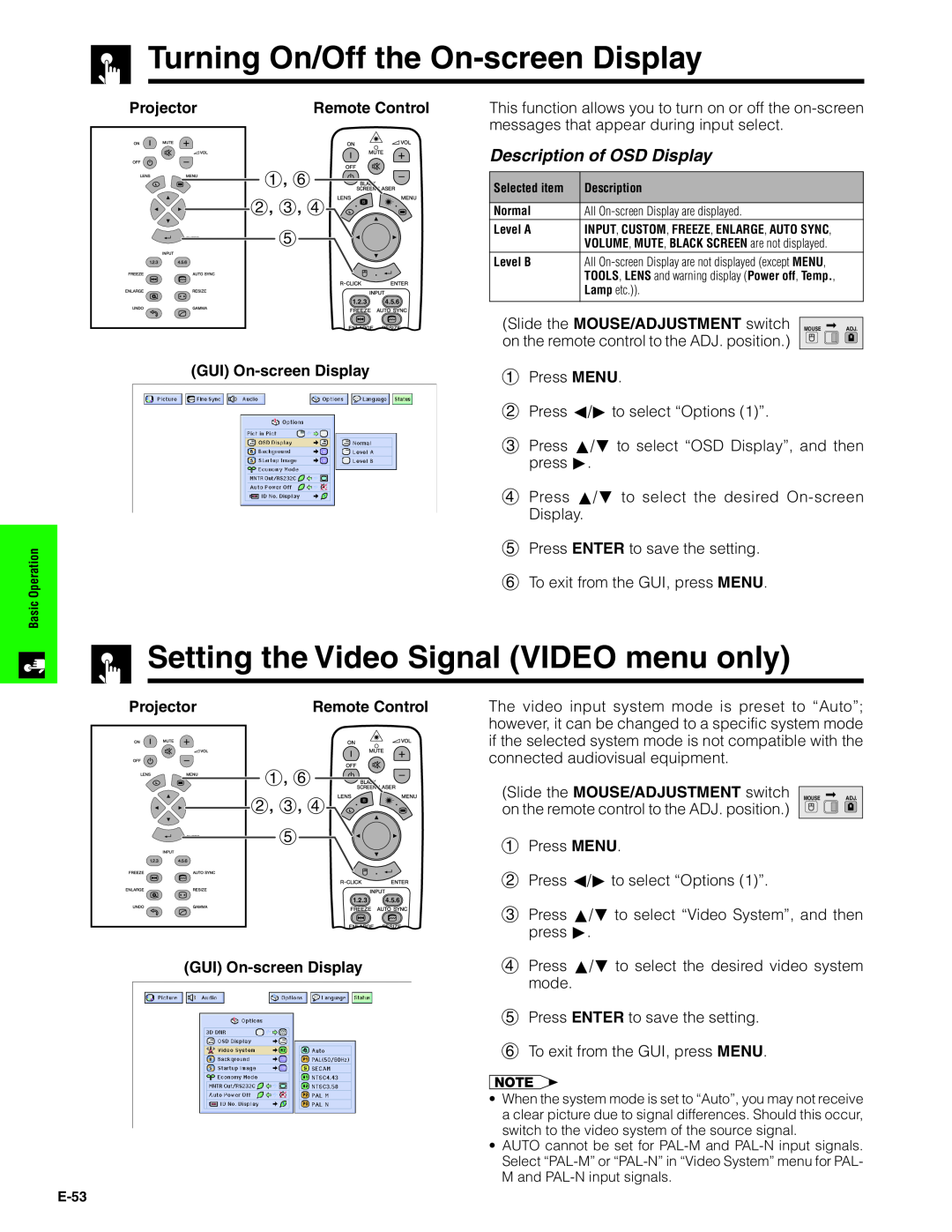 Sharp XG-V10XU Turning On/Off the On-screen Display, Setting the Video Signal VIDEO menu only, Description of OSD Display 