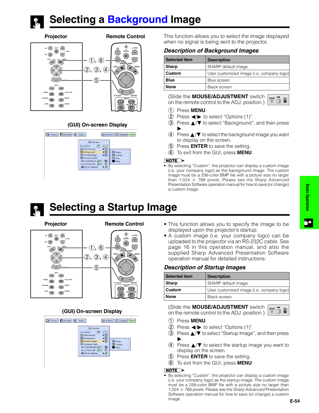 Sharp XG-V10XU Selecting a Background Image, Selecting a Startup Image, Description of Background Images, Projector 
