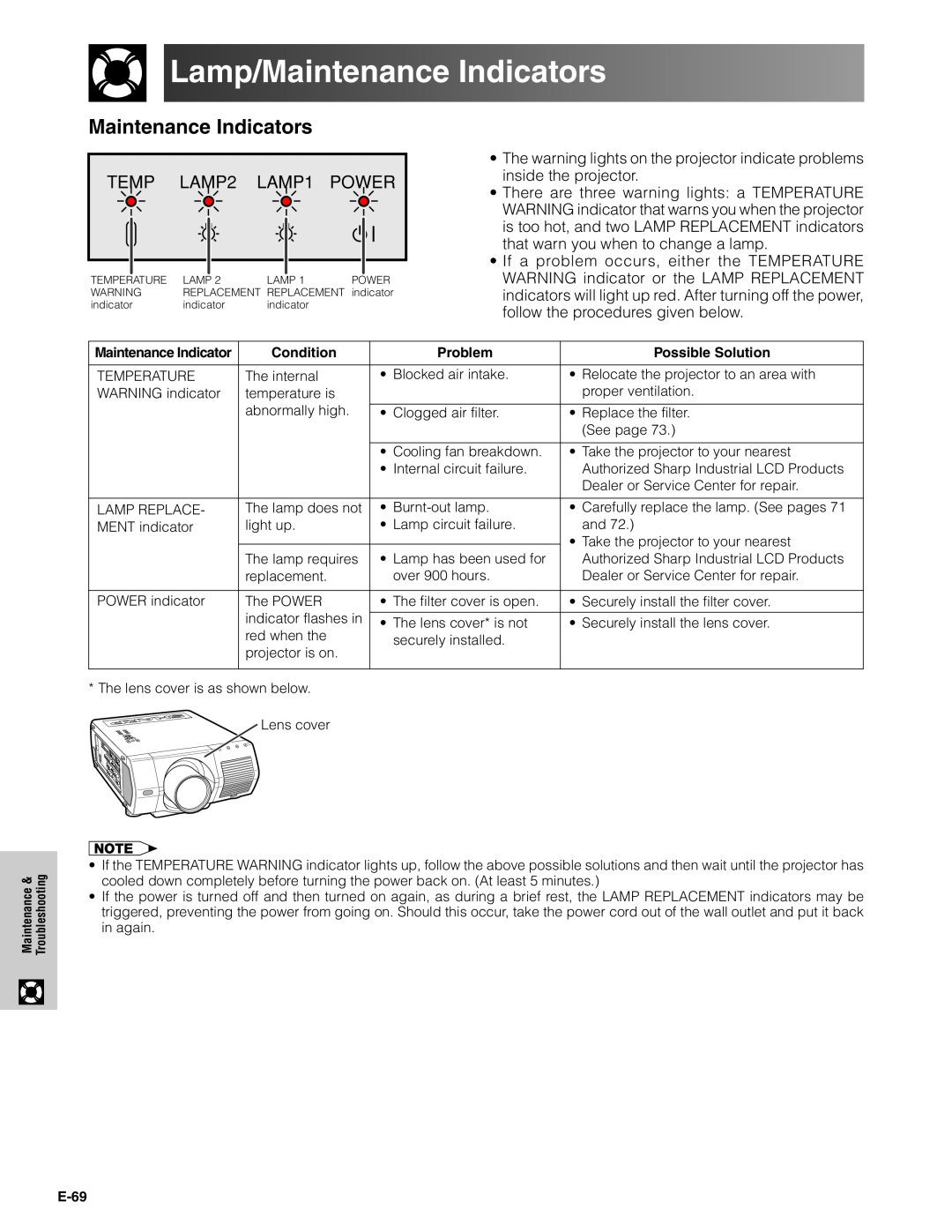 Sharp XG-V10XU operation manual Lamp/Maintenance Indicators 