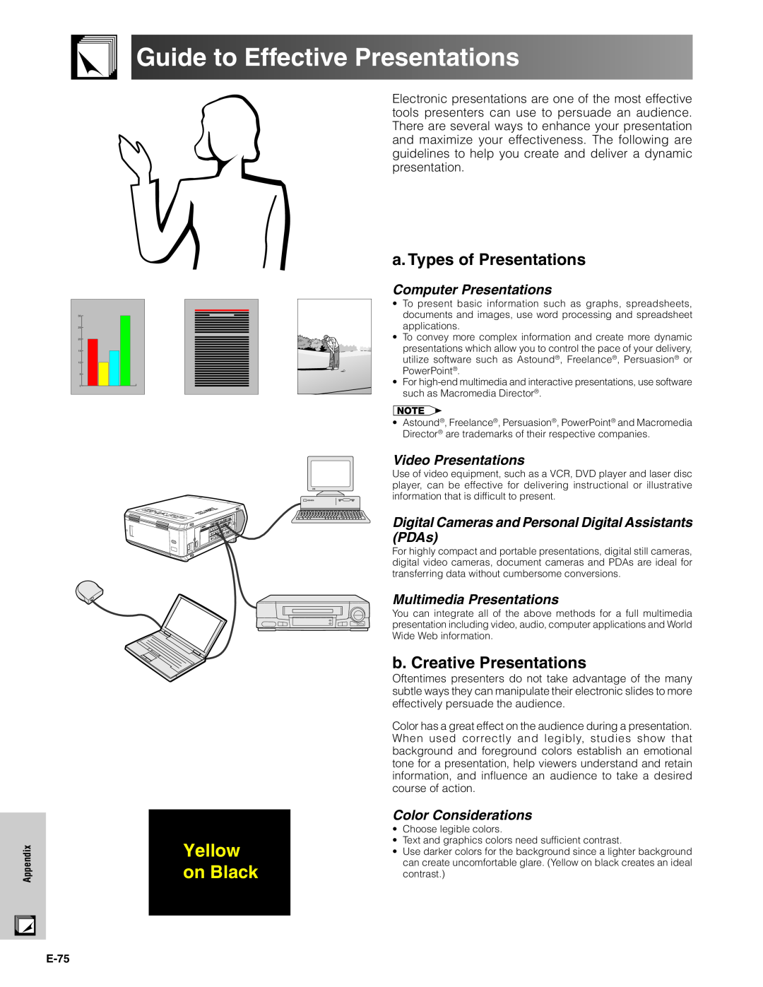 Sharp XG-V10XU Guide to Effective Presentations, a. Types of Presentations, b. Creative Presentations, Yellow, on Black 