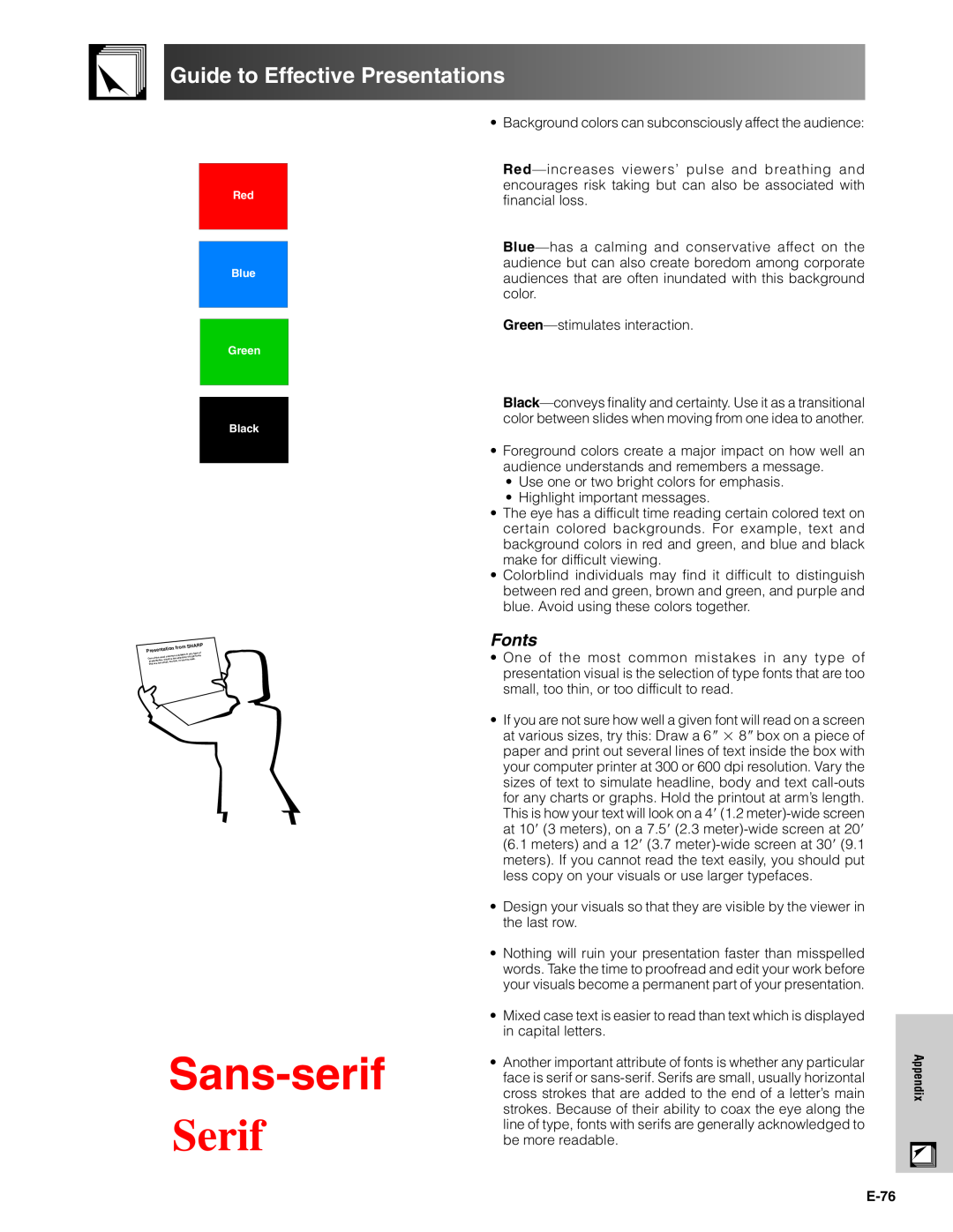 Sharp XG-V10XU operation manual Guide to Effective Presentations, Sans-serif, Serif, Fonts 