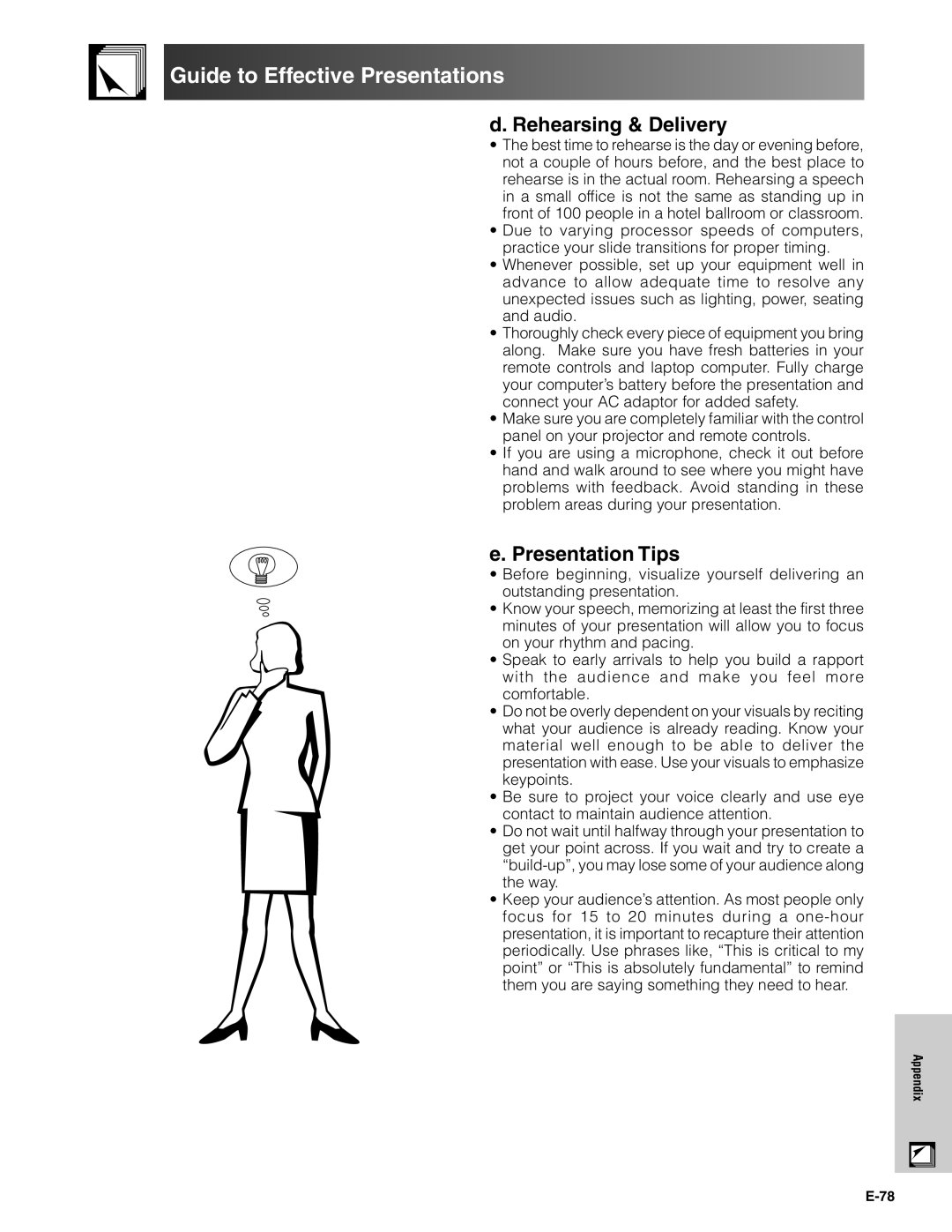 Sharp XG-V10XU operation manual d. Rehearsing & Delivery, e. Presentation Tips, Guide to Effective Presentations, E-78 
