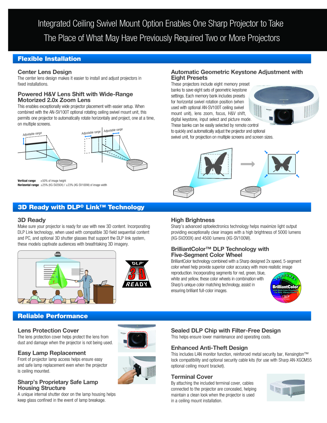 Sharp XGSV100W Center Lens Design, Automatic Geometric Keystone Adjustment with Eight Presets, 3D Ready, High Brightness 